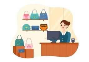 tienda de bolsos con colección de varios bolsos de calidad y diferentes tipos de estilo de vida en ilustración de plantilla de caricatura dibujada a mano plana vector