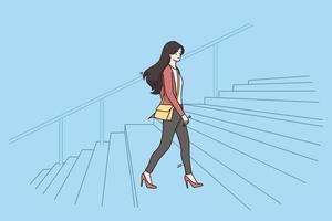 nuevas oportunidades, éxito empresarial, concepto de oficina. joven mujer de negocios sonriente subiendo la escalera sintiéndose confiada yendo a la ilustración de vector de oficina