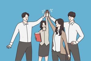 Successful business team, teamwork concept. Group of smiling young business partners office workers standing giving high five to each other feeling happy vector illustration