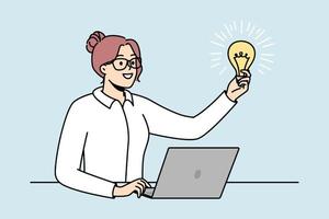 Businesswoman in glasses holds lit light bulb in front of her as symbol of inspiring idea, motivation, source of energy. Talented girl works at computer. Vector minimalistic design isolated on blue.