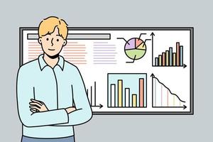 Man stands next to board for presentations, reflecting graphs, charts of development of company. Businessman prepared report based on infographics on whiteboard. Vector linear colored illustration.