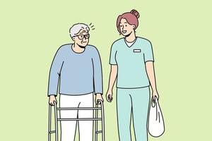 Woman health care worker helps elderly disabled person with walking frame. Medical professional carries bag of physically handicapped old man with walker. Vector line art multicolored illustration.