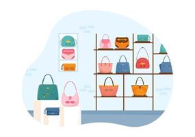 Handbag Store with Collection of Various Quality Bags and Different Types of Lifestyle in Flat Hand Drawn Cartoon Template Illustration vector