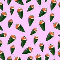 temaki de sushi de dibujos animados, patrón sin costuras de comida japonesa en colores de fondo vector