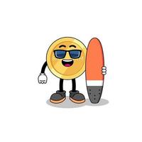 caricatura de mascota del ringgit malasio como surfista vector