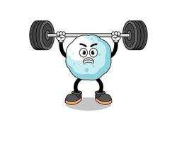 snowball mascot cartoon lifting a barbell vector