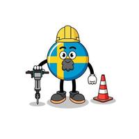 caricatura de personaje de la bandera de suecia trabajando en la construcción de carreteras vector