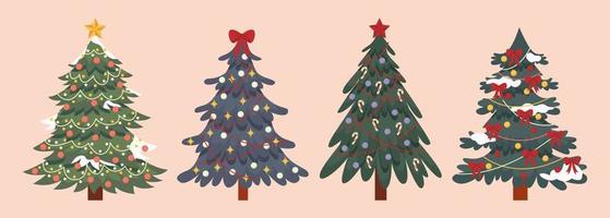 Set of decorated christmas fir trees, pine trees. Colorful retro xmas trees with garlands, light bulb, star. Winter Holiday Symbol for design, greeting card, invitation, banner, web. vector