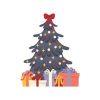 árbol azul de navidad decorado con cajas de regalo con lazos de cinta, estrella, luces, bolas decorativas, lámparas. árbol nevado con muchos regalos para tarjetas de felicitación. Feliz navidad y próspero año nuevo. vector