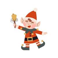 Christmas elf in red costume. Little Santa's helper with ringing xmas bell. Dwarf little fantasy helpers. Children winter character. Elf for party invitations or greeting cards. vector