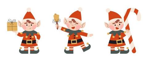 Set of christmas elves. Little Santa's helpers with holiday gift, ringing xmas bell, candy. Dwarf little fantasy helper. Elf for party invitations or greeting cards. vector