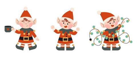 Set of christmas elves. Little Santa's helpers with holiday  lights, cup of coffee, waging hands. Dwarf little fantasy helper. Elf for party invitations or greeting cards. vector