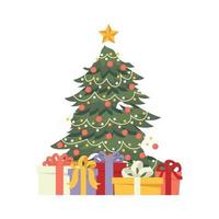 árbol de navidad decorado con cajas de regalo con lazos de cinta, estrella, luces, bolas decorativas y lámparas. árbol nevado con muchos regalos para tarjetas de felicitación. Feliz navidad y próspero año nuevo. vector