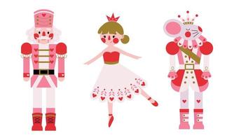 Christmas set of characters from the winter tale ballet Nutcracker's story. Nutcracker, mouse king, princess ballerina in pink colors with heart. Fairy tale characters, mascot. vector