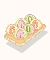 mochi motivo comida asiática. plato bento mochi. dulces japoneses kawaii. bola de harina de arroz con naranja, kiwi, fresa y nata o helado. fruta daifuku vector