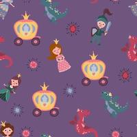 Seamless pattern with princess, prince, coach and dragon. Design for fabric, textile, wallpaper, packaging. vector