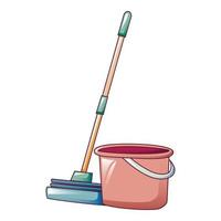 Red bucket sponge mop icon, cartoon style vector