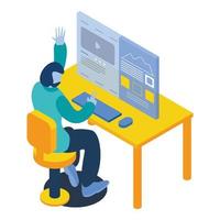 Man working on desktop computer icon, isometric style vector