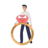 un joven parado con un anillo en la mano haciéndole una propuesta a una mujer pidiéndole que se case con él aislado de fondo blanco. compromiso, amor, concepto de relaciones amorosas. ilustración vectorial plana de dibujos animados. vector