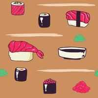 patrón de sushi sin costuras vectoriales iconos aislados de sushi en patrón sin costuras, ilustración vectorial. diseño de papel de regalo para paquetes de entrega de comida de restaurante japonés. vector