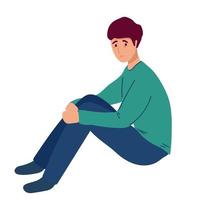 Lonely young boy sitting on floor . Sad man is crying. male character feels depression, sorrow, grief. Concept of mental disorder or illness. Vector illustration.