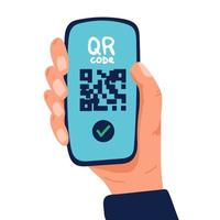 icono de escaneo de código qr en el teléfono inteligente. mano que sostiene el teléfono móvil en línea, escáner de código de barras para pago, web, aplicación móvil, promoción. ilustración vectorial vector