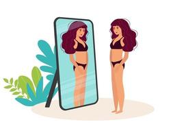 Woman in underwear standing and looking in mirror. Flat style vector illustration.