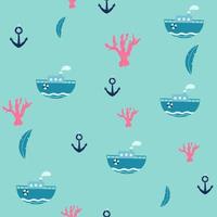 Marine seamless pattern with cartoon boats on blue background, vector