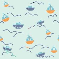 Marine seamless pattern with cartoon boats on blue background vector