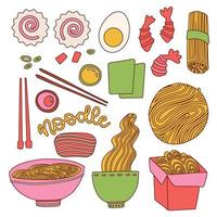 Asian noodles ingredients set. Japanese, china cuisine. Bowl and paper box food creator. Vector linear hand drawn illustration.