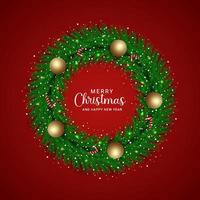 Christmas green leaf leaf with red balls and golden stars with red background vector