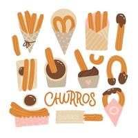 Churros set . Mexican chocolate confection. Churro food in different packages. Flat hand drawn vector illustration.