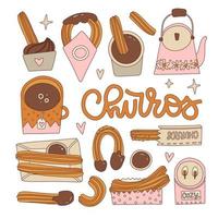 Set of churros, different ways of cooking and serving churros. Churro is a traditional Spanish dessert. Contour vintage vector illustration for menu, sign, banner, poster, etc.