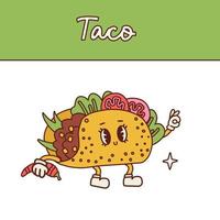 Retro cartoon mascot Taco. Cute taco character with legs and gloved hands. 50s vintage vector illustration for landing Page, Banner, Flyer, Sticker, Postcard. Mexican fast food vintage toon.