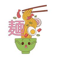 Cute funny Ramen bowl character. Cartoon kawaii character mascot with surprised face. Vector hand drawn illustration Isolated on white background. Hieroglyph translation - Noodle.