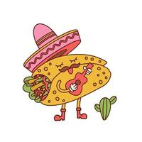 Cute retro toon burrito mascot with sombrero and guitar icon. Vintage Cartoon of mexican food character playng music and singing song. Hand drawn vector illustration isolated on white background