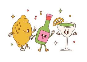 divertidos personajes retro de tequila, lima y margarita. linda comida mexicana y bebida bailando. fiesta latinoamericana. Ilustración vectorial de dibujos animados de los años 40 aislada en el fondo. diseño de concepto de mejores amigos. vector