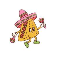 Cute quesadilla mascot with Mexican hat and maracas clip art. Vector cartoon illustration in trendy vintage toon style 30s. Latin American food mascot.