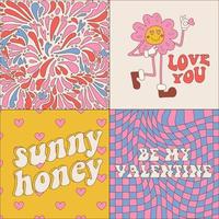 Hippie retro vintage Valentine's day cards collection in groovy 70s-80s style with daisy mascot, chekered pattern. Hand drawn contour vector illustration with wavy text and distorted backgrounds.