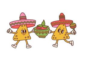 Funny retro cartoon characters Nachos holding tomato salsa sauce bowl. Mexican food mascot. Nachos chips in sombreros hats with maracas. Vector contour hand drawn illustration.
