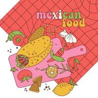 Mexican food on a checkered tablecloth background. Cooking process view from the top. Vector retro cartoon illustration For banners, flyers, and invitations. Objects are isolated.