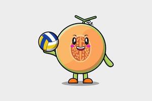personaje de dibujos animados lindo melón jugando voleibol vector