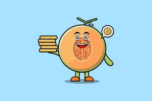 Cute cartoon Melon holding in stacked gold coin vector