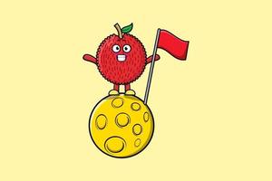 Cute cartoon Lychee standing on the moon with flag vector