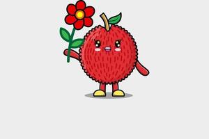 Cute cartoon Lychee character holding red flower vector