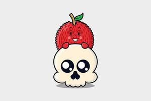 Cute Lychee cartoon character hiding in skull vector