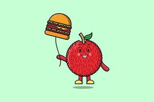 Cute cartoon Lychee floating with burger balloon vector