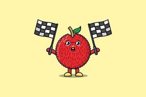 cute Lychee cartoon holding crossed checkered race flag vector