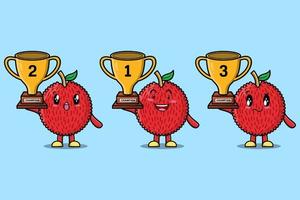 Set of cute cartoon Lychee holding trophy vector