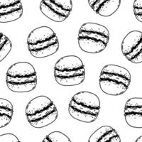 Macaron biscuit cookies made from almond flour. Delicious French dessert seamless vector pattern. Sweet round cake with cream. Hand drawn doodle. Black and white backdrop for wallpaper, packaging, web